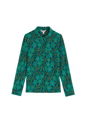 Žalia raštuota marškiniai su mygtukais priekyje, su gėlių dizainu melsvų, rudų ir oranžinių atspalvių. Ilgos rankovės, įprastos figūros.