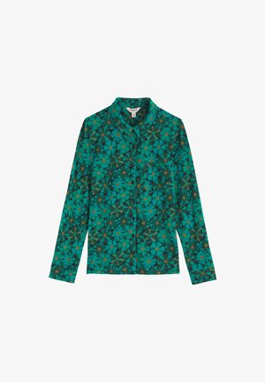 Groen met een patroon van een bloemetjesdesign in tinten van blauw, bruin en oranje. Met een button-down kraag, lange mouwen, reguliere pasvorm.
