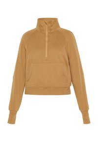 Felpa corta color taupe con colletto alto, chiusura con mezza zip e tasca frontale; presenta maniche raglan e polsini a costine.