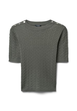 Maglione a maniche corte di colore verde oliva con motivo a treccia e bottoni sulle spalle. Collo e polsini a costine. Tessuto testurizzato.