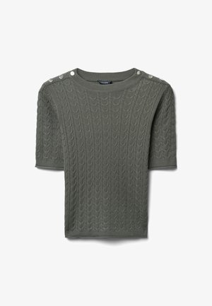 Pull à manches courtes, couleur olive, avec un motif en torsades et des boutons aux épaules. Col et poignets côtelés. Tissu texturé.