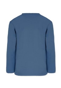 Pitkähihainen sininen puuvillapaita, jossa on pyöreä kaula-aukko, sileä rakenne ja ommeltu helma. Ei näkyviä grafiikoita tai kuvioita.