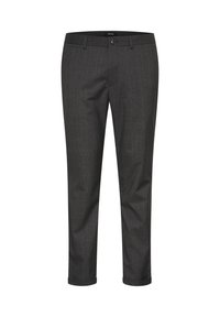 Pantalones oscuros grises ajustados para hombre con un sutil patrón de cuadros, corte slim y bajos doblados. Fabricados en una tela tejida con una textura suave.