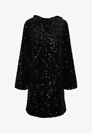 Schwarzes langärmeliges Minikleid, das mit glänzenden Pailletten bedeckt ist, mit einem offenen Bootsausschnitt und einem geraden Saum.