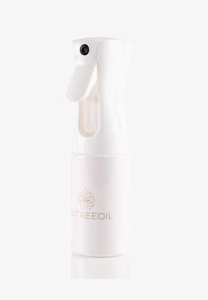 White plastic spray bottle with a curved design, transparent chamber, and gold logo. Features a trigger spray nozzle for dispensing.