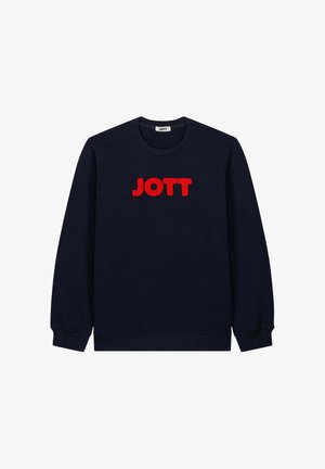 Sudadera azul marino con cuello redondo, mangas largas y logotipo "JOTT" bordado en rojo en el frente. Textura suave, puños y dobladillo acanalados.