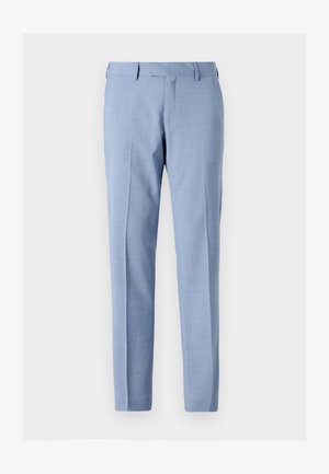 Pantalones de vestir azul claro hechos de una tela ligera, con un diseño de pierna recta, bolsillos frontales y una textura sutil en toda la prenda.