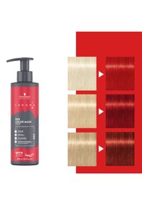 De rode kleurmasker in een pompflacon heeft een matzwarte dop en een levendig rood etiket. Kleurstalen tonen verschillende tinten blond en rood.