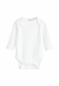 Bodysuit pour bébé à manches longues blanc, fabriqué en tissu côtelé, avec un col rond, des pressions à la base et une texture douce.