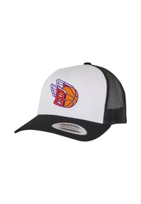 White snapback cap with black visor and mesh sides. Features embroidered orange basketball logo with wings and purple accents.