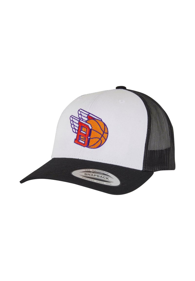 White snapback cap with black visor and mesh sides. Features embroidered orange basketball logo with wings and purple accents.