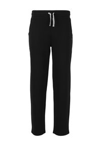 Zwarte joggingbroek van zachte stof, met een elastische tailleband met trekkoord, twee zijzakken en een taps toelopend broekspijpontwerp.