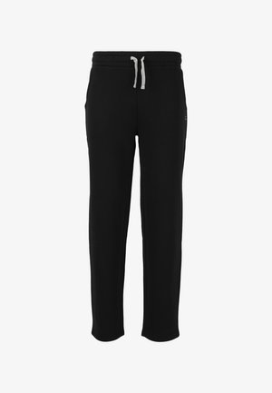 Sorte joggingbukser lavet af blødt stof med elastik i taljen og snor, to sidelommer og et tætsiddende design ved benene.