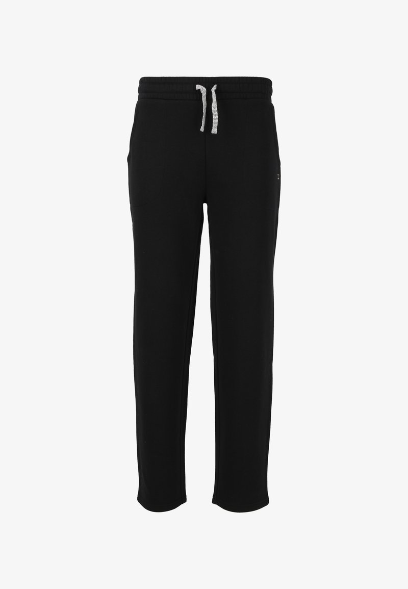 Zwarte joggingbroek van zachte stof, met een elastische tailleband met trekkoord, twee zijzakken en een taps toelopend broekspijpontwerp.