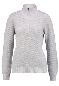 Pull gris clair en tissu tricoté texturé. Comprend un col montant et des poignets et ourlet côtelés. Motif ondulé sur toute la surface. Coupe régulière.