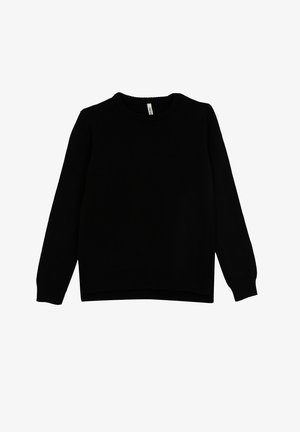 Pull noir à manches longues avec encolure ras-du-cou, poignets et ourlet côtelés, tricot uni, et petite étiquette blanche au niveau de l'encolure.