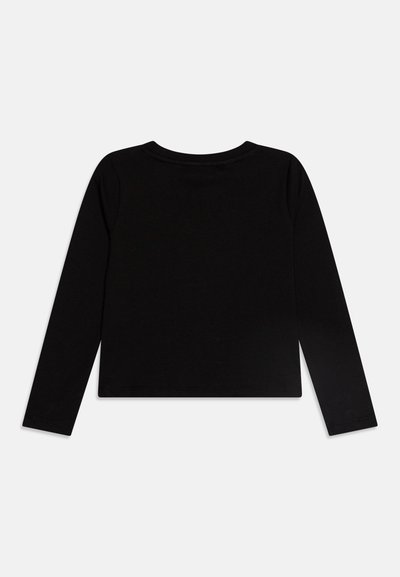 Haut noir à manches longues avec un col rond, présentant une texture lisse et une coupe droite, avec des manches et un bas ourlés. Pas de motifs ni de accents.