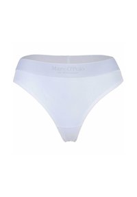 Perizoma bianco in cotone con una superficie liscia e una cintura elastica ampia che presenta la scritta "Marc O'Polo" in grigio chiaro.