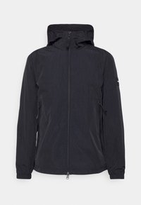Černá lehká bunda s předním zipem, nastavitelnou kapucí, bočními kapsami a elastickými manžetami. Hladká textura a minimalistický design.