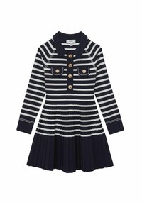 Kleid in Marineblau und Weiß mit Streifen, Kragen, Knöpfen und gefaltetem Rock. Verfügt über zwei Brusttaschen und lange Ärmel.