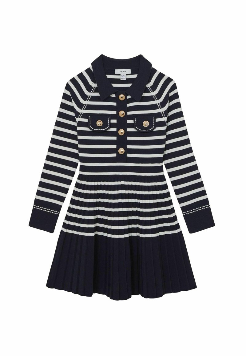 Kleid in Marineblau und Weiß mit Streifen, Kragen, Knöpfen und gefaltetem Rock. Verfügt über zwei Brusttaschen und lange Ärmel.
