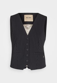 Svart väst med pinstripes och V-ringning, femknäppning fram och två fickor. Sidenfoder synligt inuti. Lättviktsmaterial med skräddarsydd design.