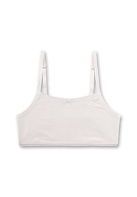 Witte katoen bralette met verstelbare straps, ronde halslijn en een decoratieve strik aan de achterkant. Zachte textuur en naadloos ontwerp.