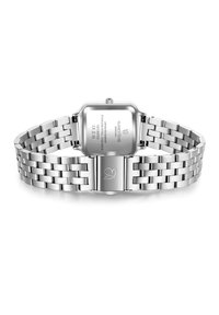 Montre en acier inoxydable argenté avec un cadran carré, bracelet en maille métallique et un fermoir avec un détail en forme de feuille. Inscription au dos avec les informations du modèle.