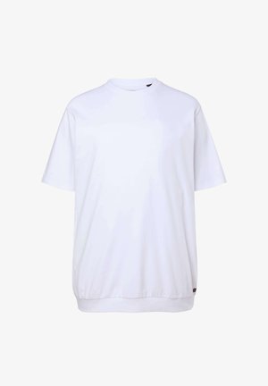 Weißes übergroßes T-Shirt mit kurzen Ärmeln und rundem Halsausschnitt aus weichem Stoff. Es verfügt über einen taillierten unteren Saum und ein kleines Markenzeichen an der Seite.