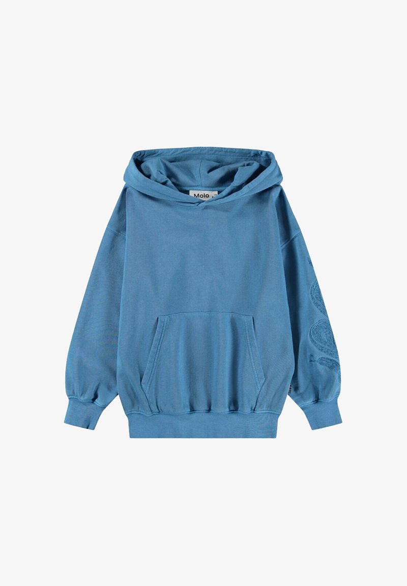 Sweatshirt à capuche bleu en coton, doté d'une poche frontale et de poignets élastiques. Comprend un design détaillé sur la manche gauche.