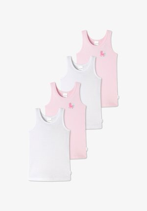 Vier kindert tanktops: twee roze (waarvan één met een eenhoornafbeelding) en twee witte (waarvan één met een subtil streepjespatroon), gemaakt van zacht materiaal.