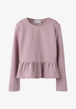 Rosa Langarmoberteil aus strukturiertem Stoff mit einem Peplum-Saum. Der Ausschnitt ist rund, und es sind keine sichtbaren Verzierungen vorhanden.