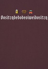 Un fond marron présente du texte blanc de style gothique avec des icônes de bière, de bretzel et de shorts. Conception simple, couleurs vives et éléments visuels clairs.