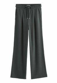 Fleece wide-leg pants in dark gray with a textured finish, featuring an elastic waistband with a drawstring and side pockets.