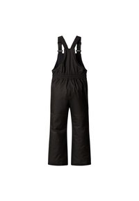 Black insulated bib overalls with adjustable straps, elastic waist, wide legs, and a smooth, water-resistant fabric.