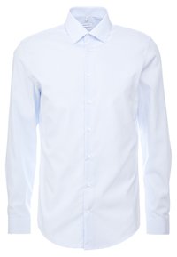 Lichtblauw overhemd met dunne witte strepen, knoopsluiting aan de voorkant, kraag en lange mouwen. Getextureerde stof; gebogen zoom en manchetten.