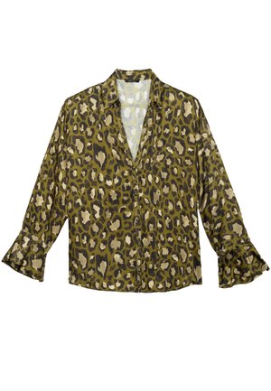 Leopard-print blouse in olive green and tan, featuring a button-down front, long sleeves with flared cuffs, and a soft, smooth texture.