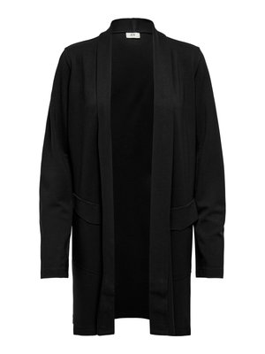 Zwarte cardigan met lange mouwen en een open voorkant, met een sjaalkraag en twee zakken aan de voorkant, gemaakt van zachte, lichte stof.