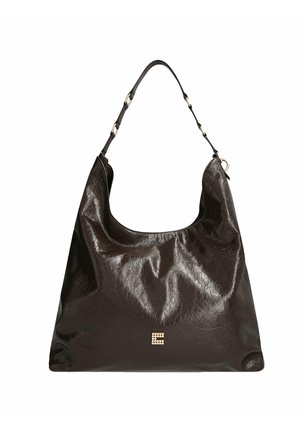 Sac à bandoulière en cuir brun foncé brillant avec une sangle réglable unique et un petit ornement carré doré au centre avant.