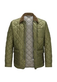 Gepatchte olivgrüne Jacke mit einem Cordkragen, Druckknöpfen vorne und einem Reißverschluss. Verfügt über zwei Fronttaschen und ein glattes Innenfutter.