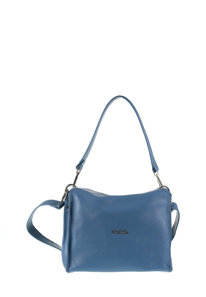 Borsa a mano blu in pelle con una finitura testurizzata, dotata di una tracolla removibile e un logo discreto sul fronte. Forma rettangolare compatta.