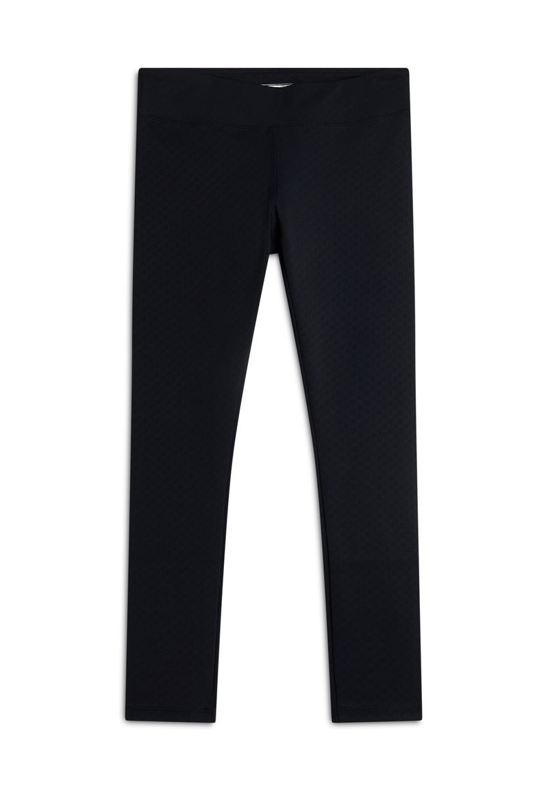 Leggings neri realizzati in tessuto elasticizzato. Presentano una cintura liscia, design aderente e un sottile motivo testurizzato su tutta la superficie.