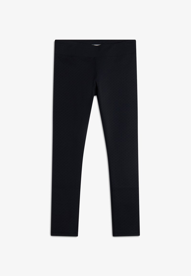 Leggings neri realizzati in tessuto elasticizzato. Presentano una cintura liscia, design aderente e un sottile motivo testurizzato su tutta la superficie.