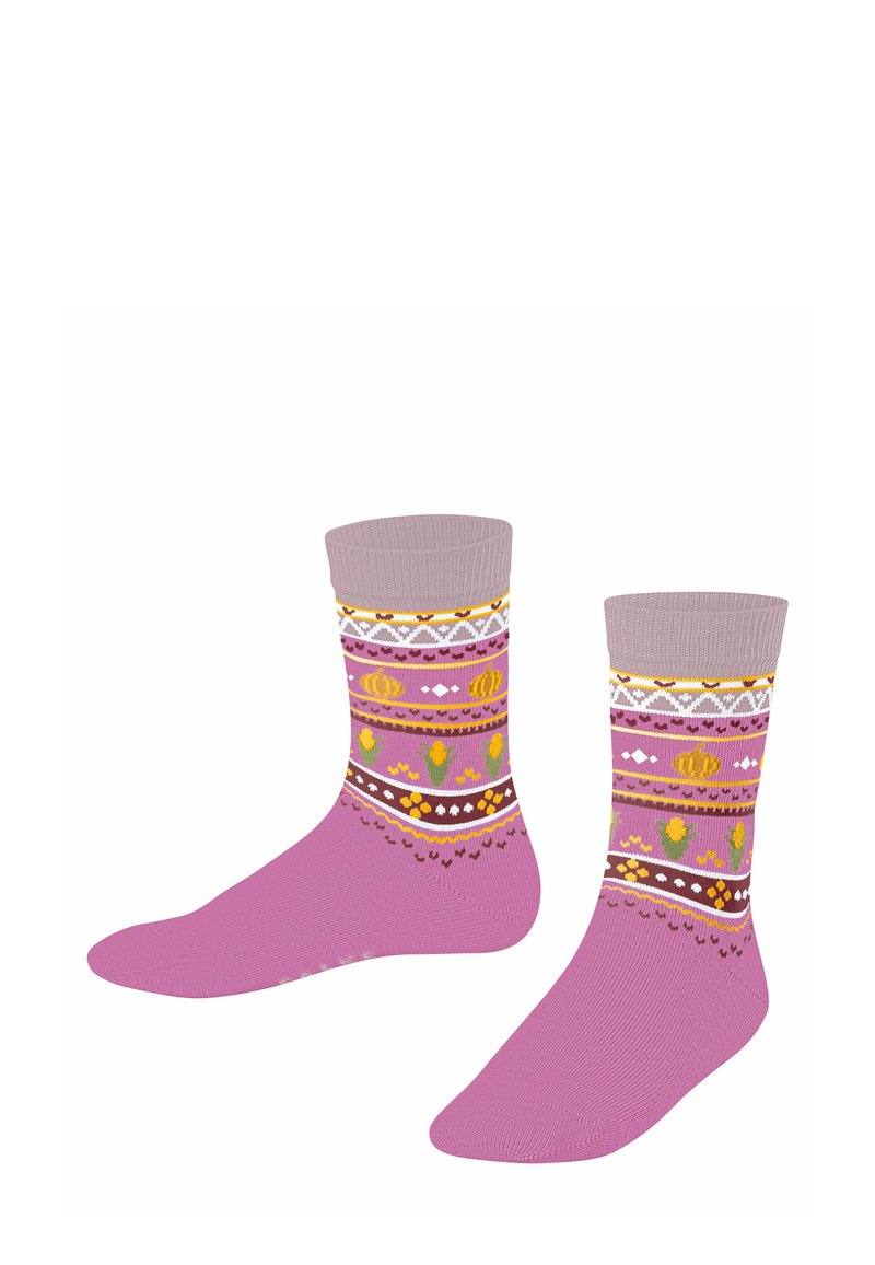 Rosa Socken mit einem gemusterten Oberschaft, der gelbe, braune und weiße Designs zeigt. Gerippter Bund und glatte Textur; mittellange Wadenlänge.