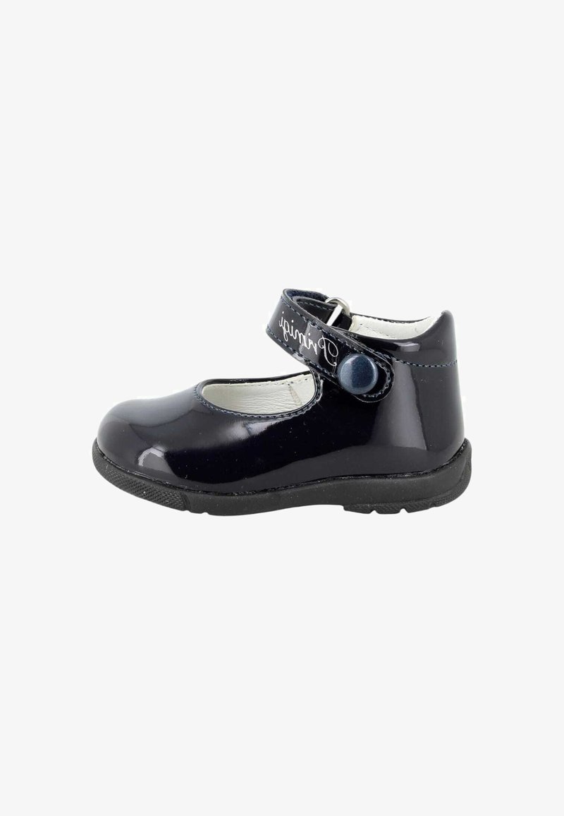 Scarpa Mary Jane per bambini in blu navy lucido con suola nera, cinturino regolabile e dettaglio a bottone su sfondo bianco.