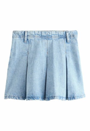 Hellblauer Jeans-Faltenrock mit Gürtelschlaufen und sichtbaren Nähten, präsentiert vor weißem Hintergrund.