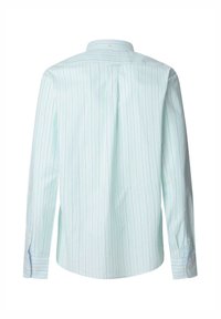 Lichtblauwe shirt met verticale witte en roze strepen, met een button-down kraag, lange mouwen, een rugplooi en een afgeronde zoom. Gemaakt van katoen.