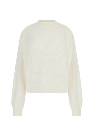 Maglione bianco lavorato a maglia con un motivo testurizzato, colletto rotondo e maniche lunghe con polsini e orlo a coste. Accenti testurizzati in tutto il capo.
