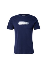 Camiseta de algodón azul marino de manga corta, con un gráfico de logo plateado "GUESS LOS ÁNGELES" en el frente en un estilo de pincelada.