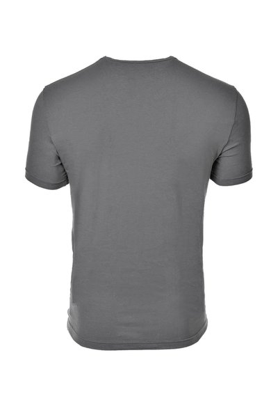 Απλό γκρι μπλουζάκι με κοντά μανίκια και στρογγυλή λαιμόκοψη, εμφανιζόμενο από πίσω σε λευκό φόντο.